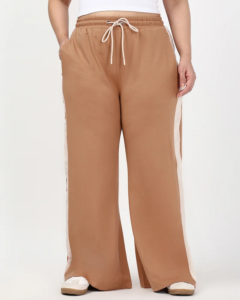 bewakoof Women's Camel Brown Wide Leg Plus Size Track Pants